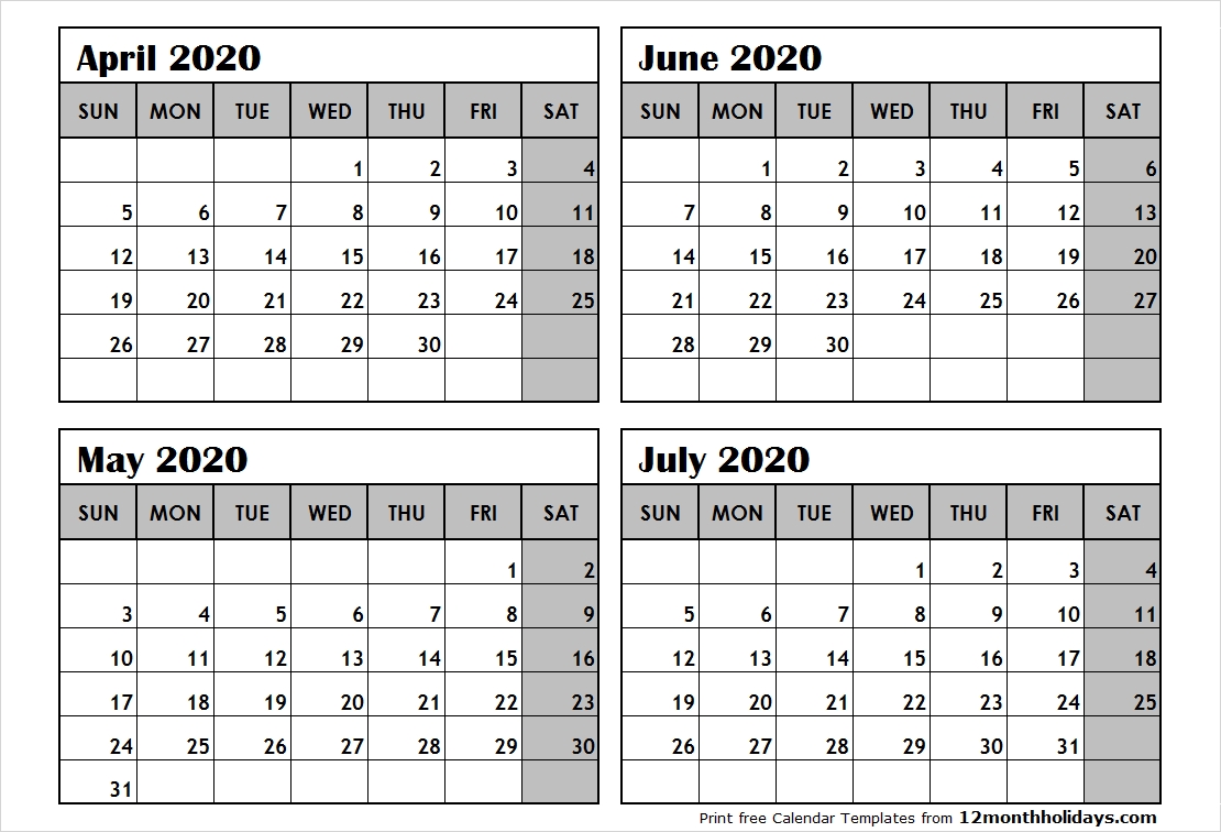 Print April To July 2020 Calendar Template | 4 Month Calendar-4 Month Calendar Template 2020