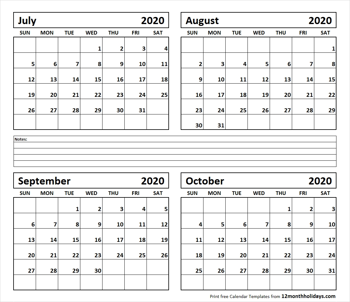 Print Four Month July August September October 2020 Calendar-4 Month Calendar Template 2020