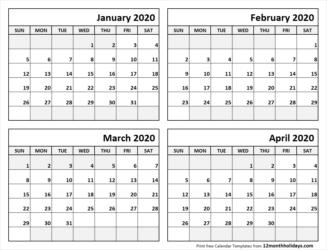 Print January To April 2020 Calendar Template | 4 Month Calendar-4 Month Calendar Template 2020