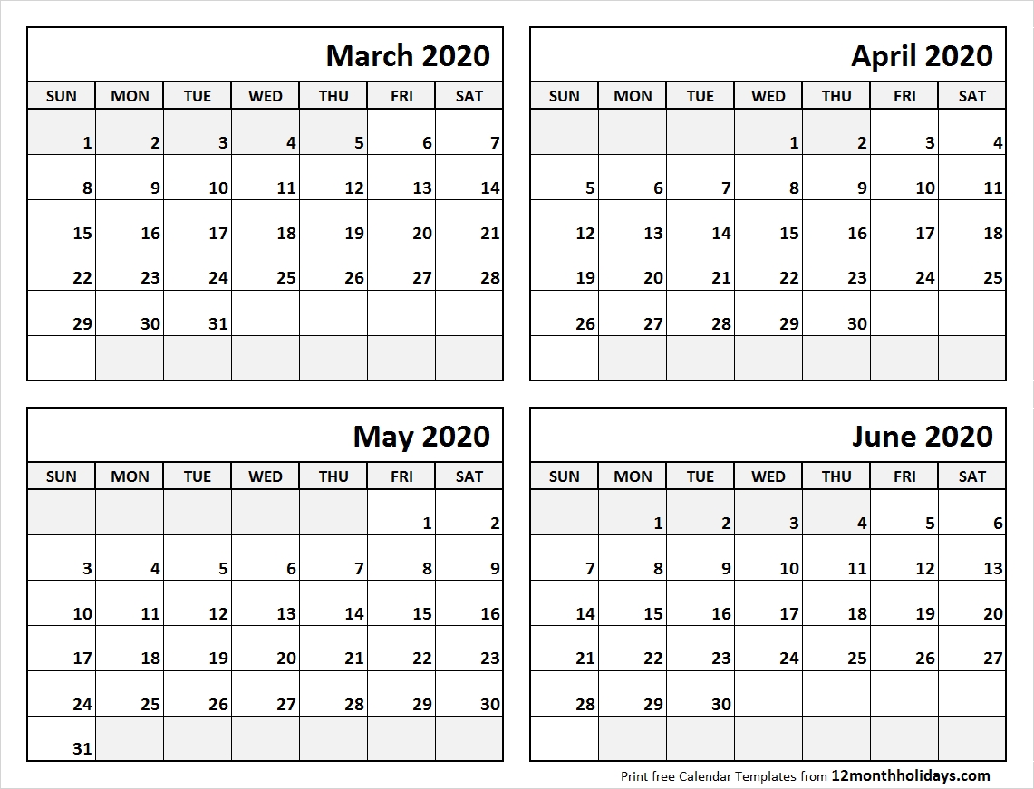 Print March To June 2020 Calendar Template | 4 Month Calendar-4 Month Calendar Template 2020