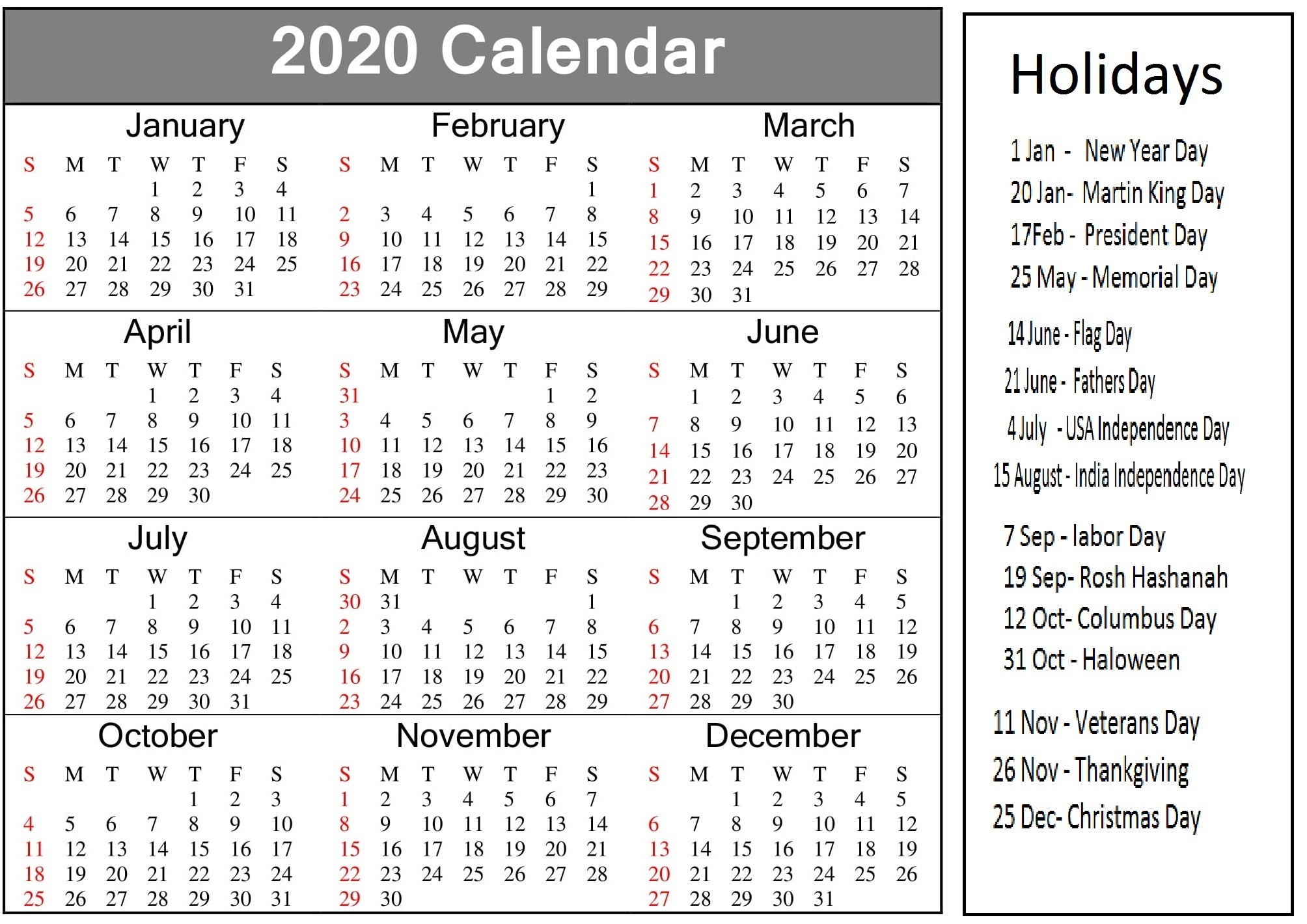 Printable 2020 Calendar With American Holidays - Latest-2020 List Of Holidays Printable