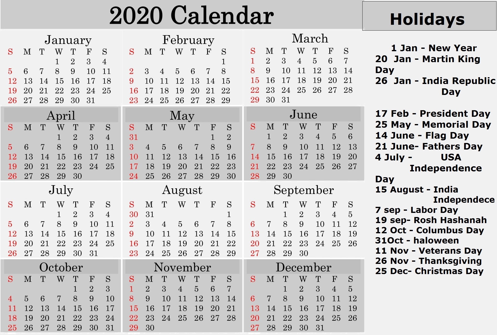 Printable 2020 Calendar With Federal Holidays – Free Latest-2020 List Of Holidays Printable