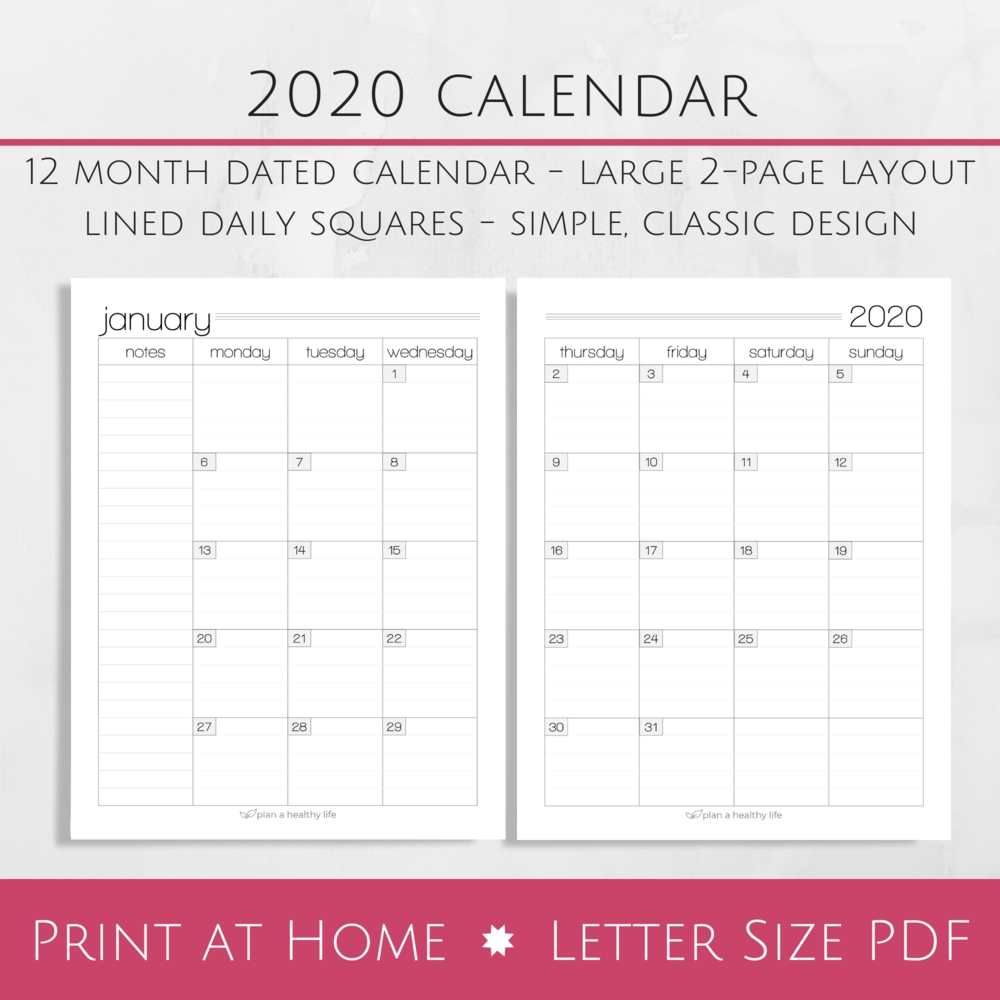 Printable 2020 Monthly Calendar - Large 2-Page Layout — Plan A Healthy Life-2 Page Calendar Printable Template 2020