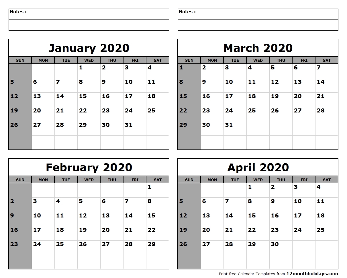 Printable Blank Four Month January February March April 2020-4 Month Calendar Template 2020