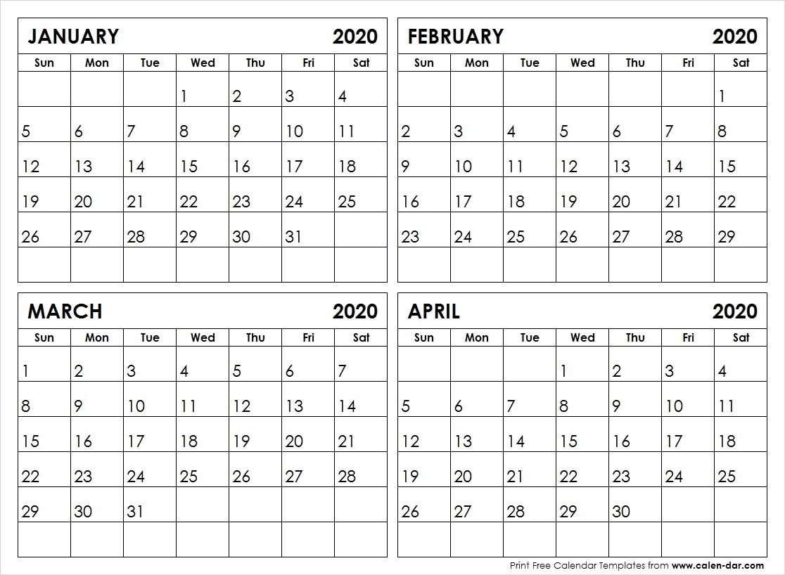 Printable Calendar 2020 Template | January To December 2020-4 Month Calendar Template 2020