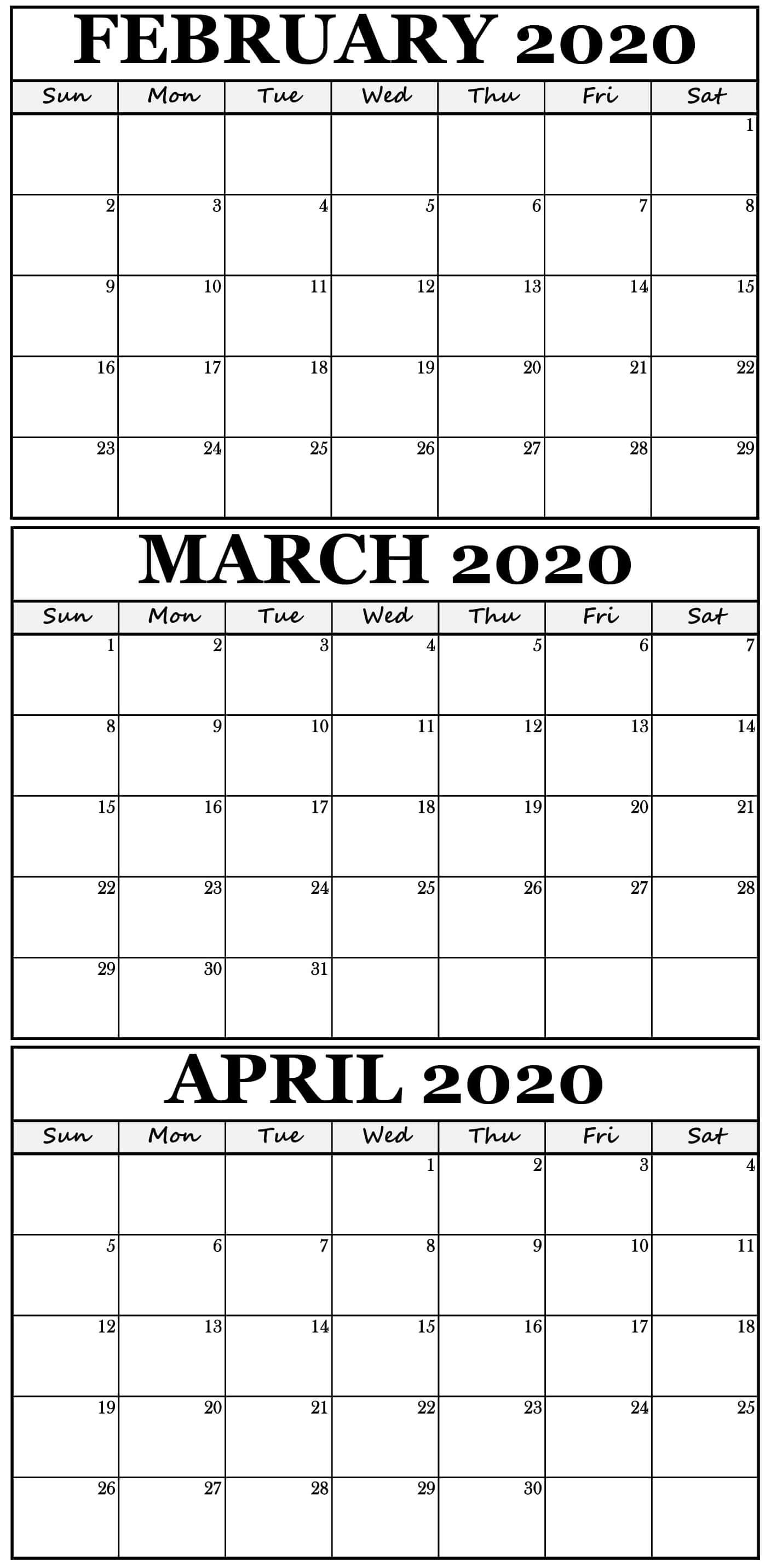 Printable February To April 2020 Calendar With Holidays-3 Month Blank Printable