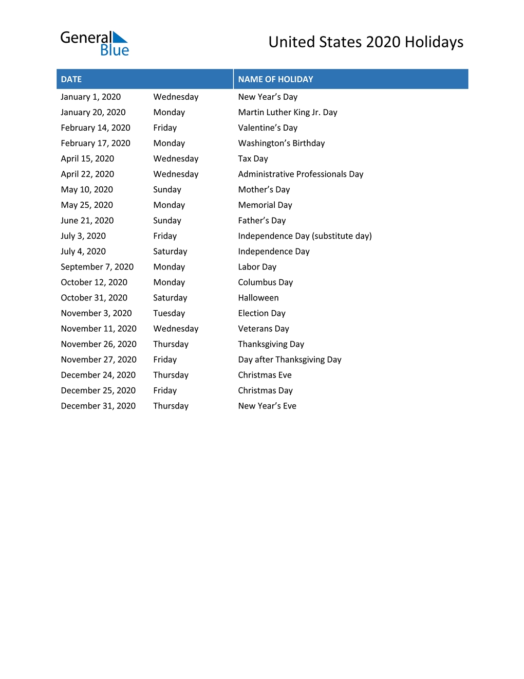 United States Holidays 2020 - Printable, Pdf, Word And Excel-2020 List Of Holidays Printable