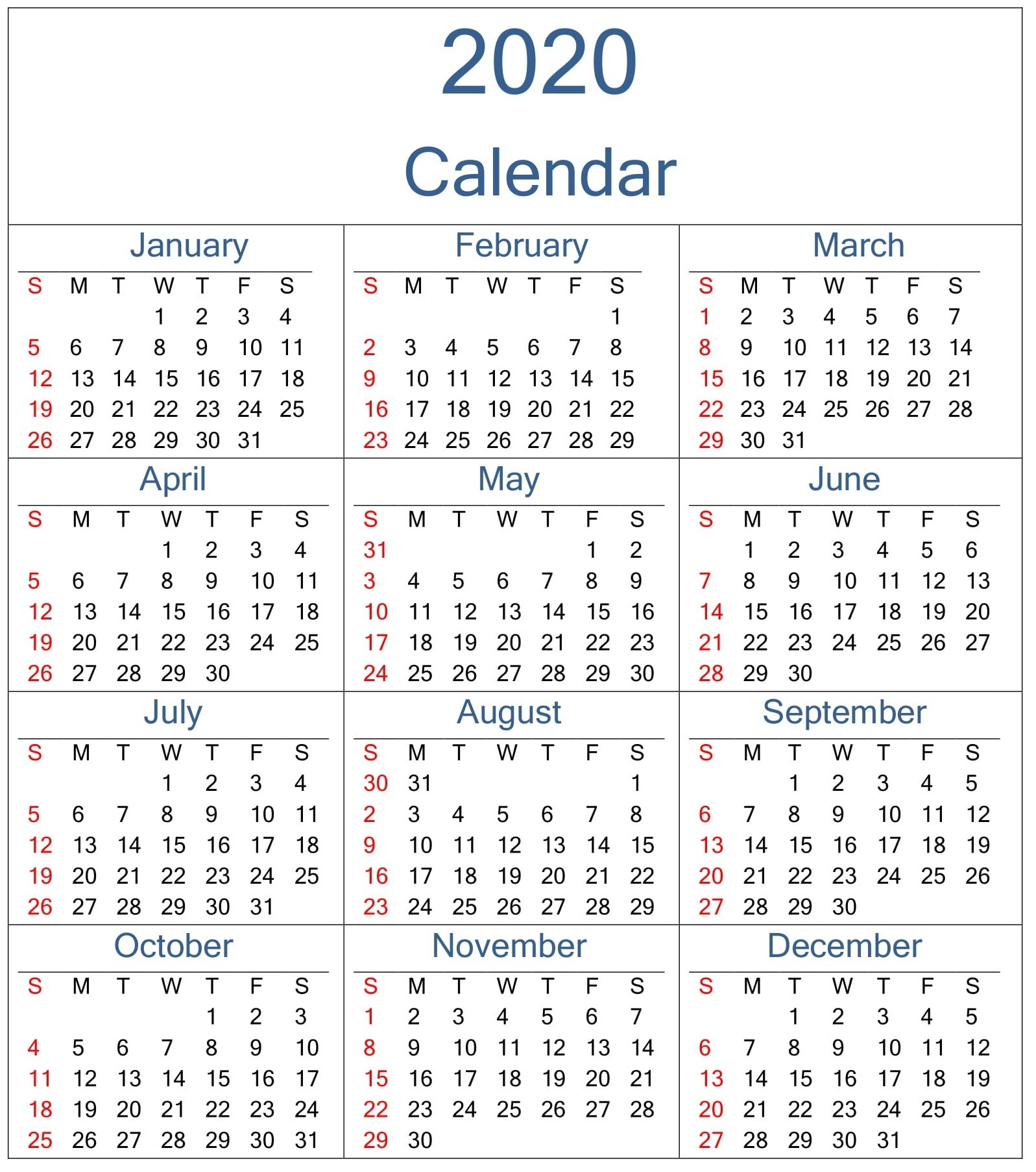 Yearly 2020 Calendar Excel Template - Latest Printable-Blank Calendar 2020 Printable Uk