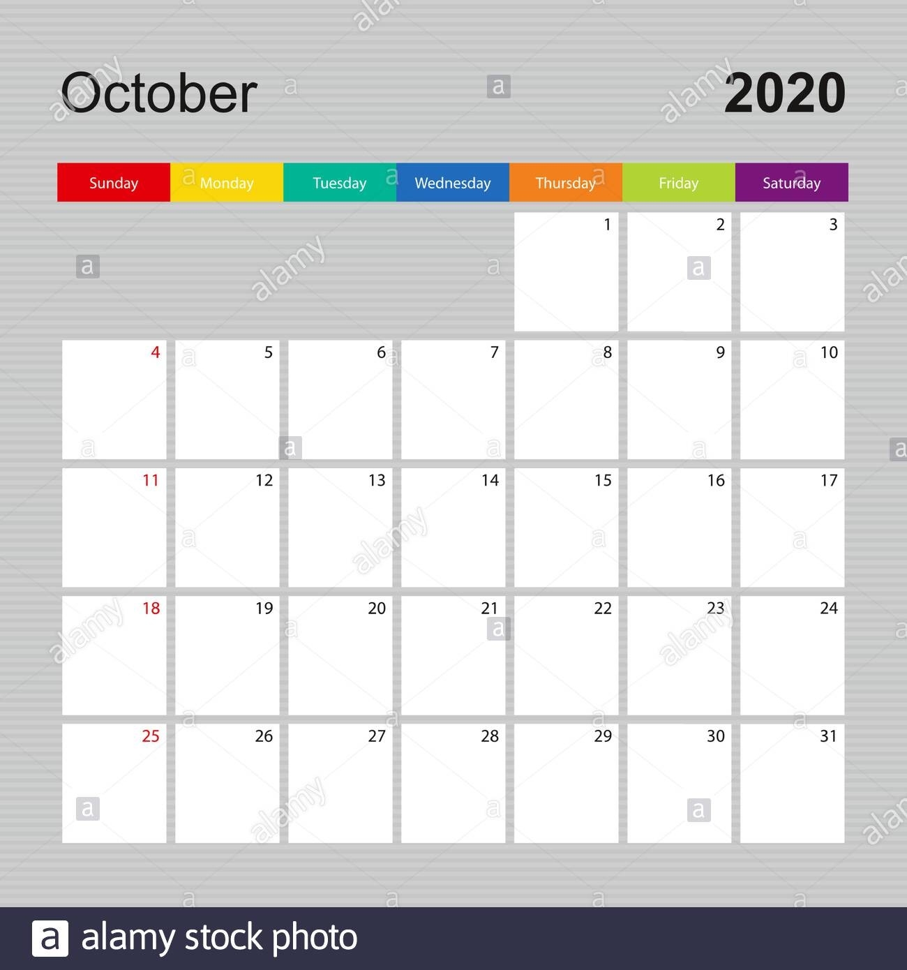 Сalendar Page For October 2020, Wall Planner With Colorful-2020 Wall Calendar Template