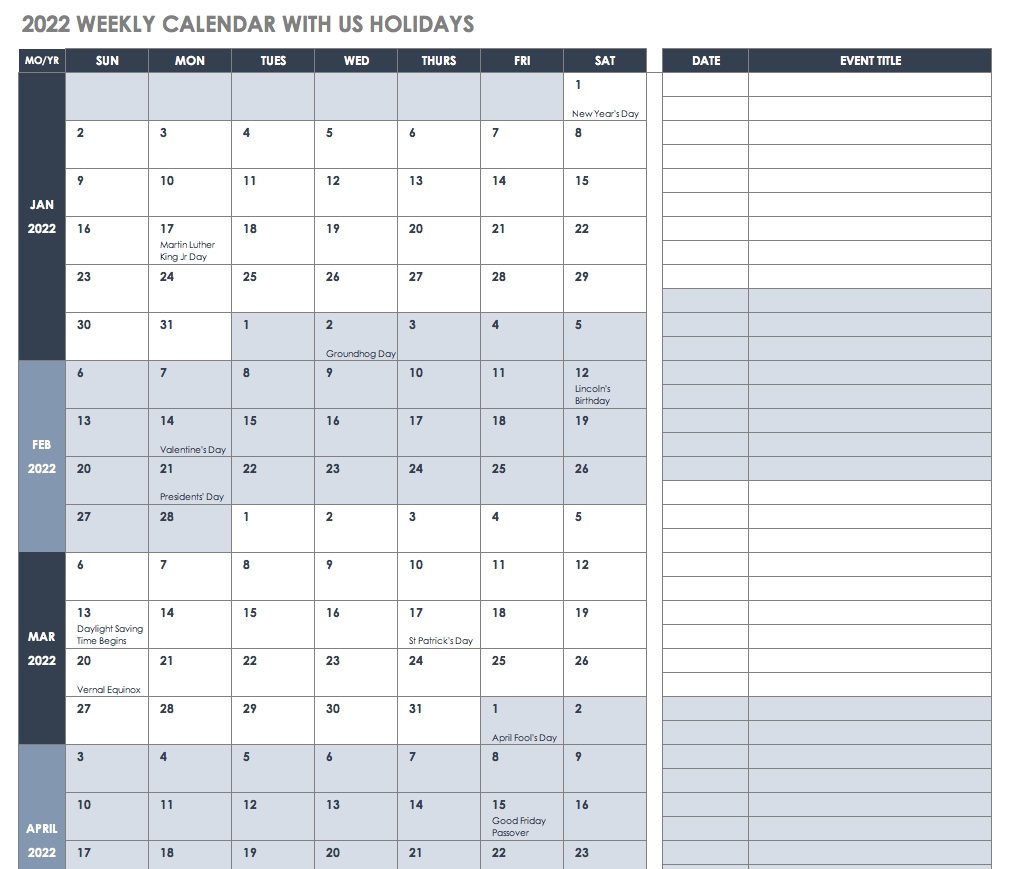 Blank Academic Week By Week Calendar Calendar Template Printable