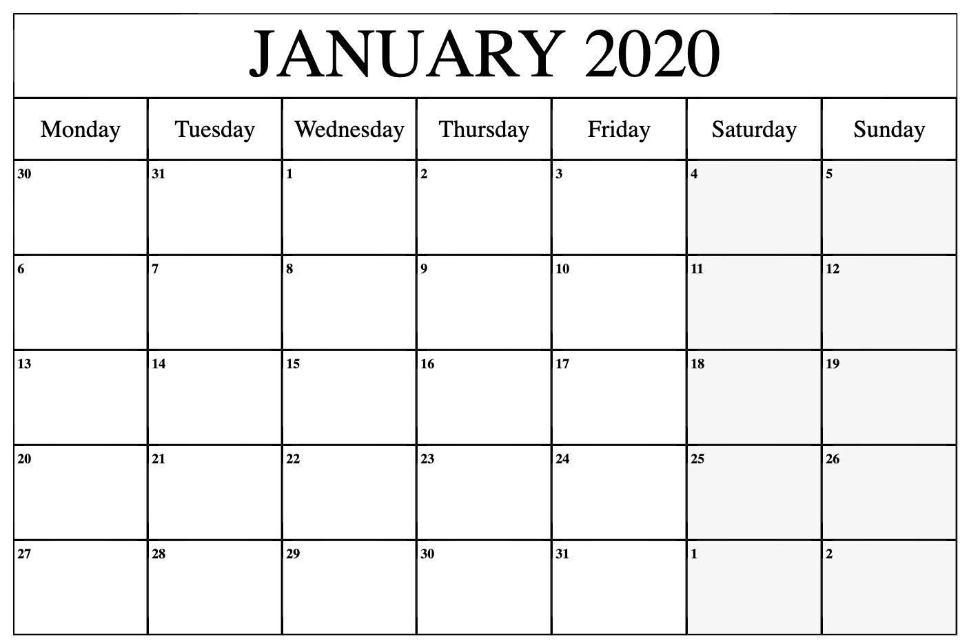 Free January 2020 Calendar Printable Template Pdf, Word-2020 Calendar Templates Monday - Friday