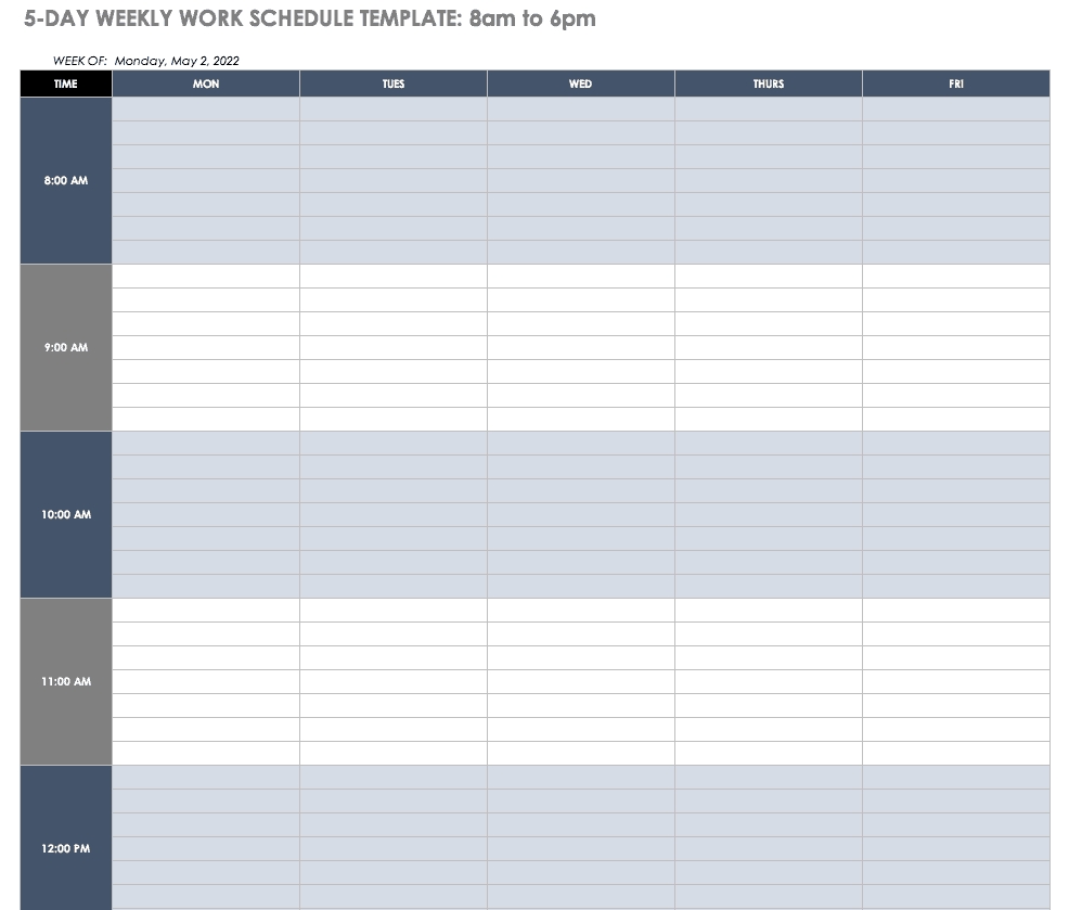 Free Work Schedule Templates For Word And Excel |Smartsheet-5 Day Week Calender Template