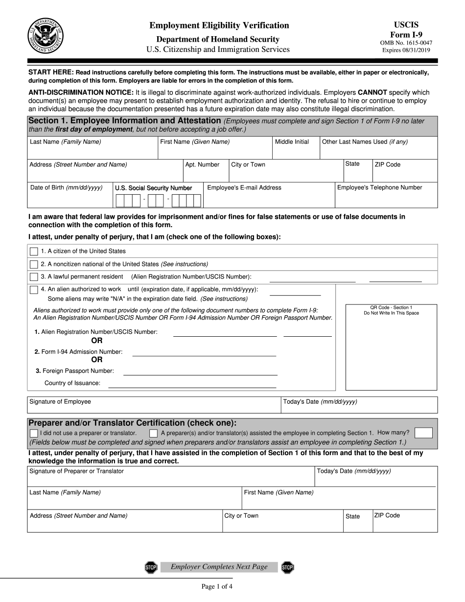 I-9 Form 2019 Printable - Employment Eligibility-Blank I-9 Form 2020 Printable Form Free