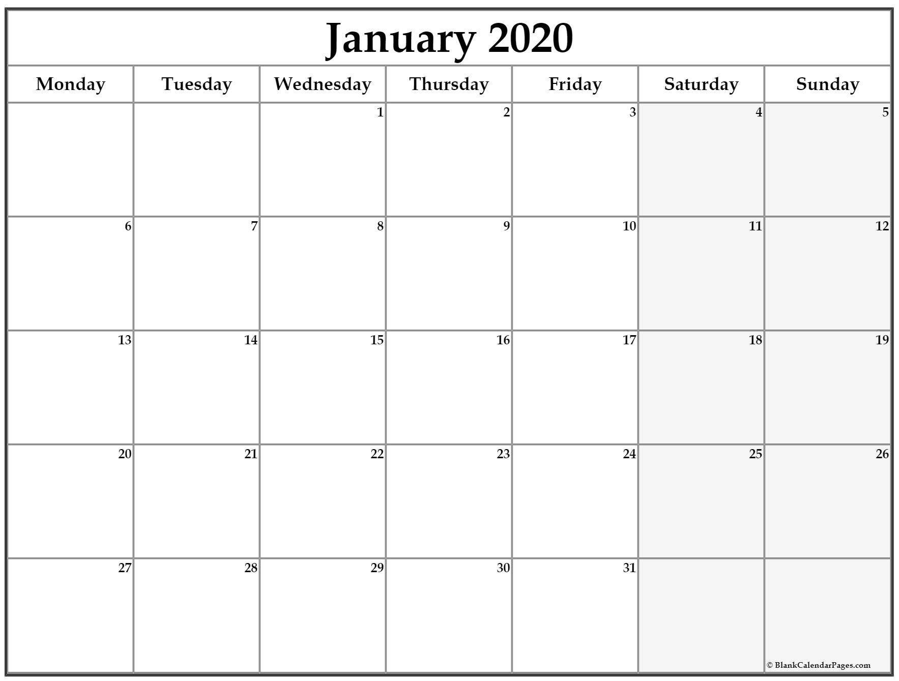 January 2020 Monday Calendar | Monday To Sunday-Monday Friday Blank Calendar