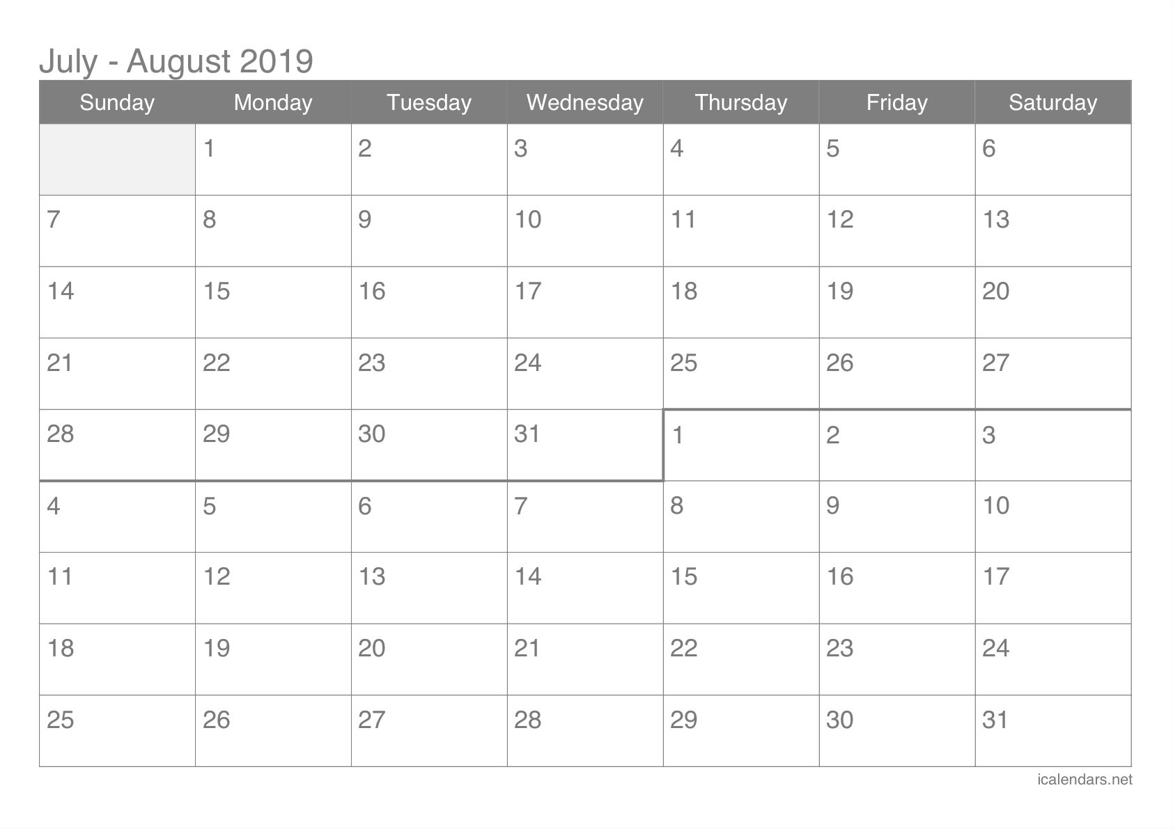 July And August 2019 Printable Calendar - Icalendars-Blank Printable June July Augest Calendars