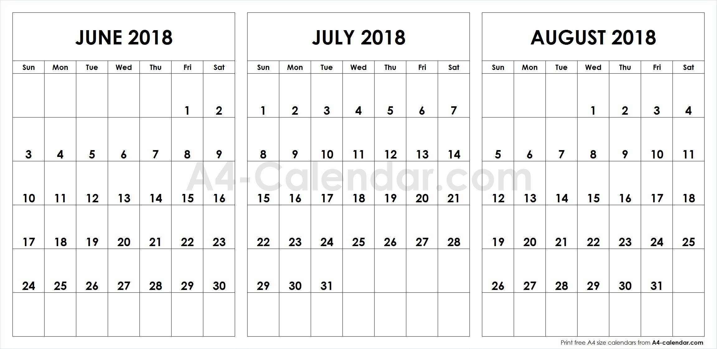 June July August 2018 A4 Calendar | 3 Month Calendar Template-Blank Chalender For Junejuly And August