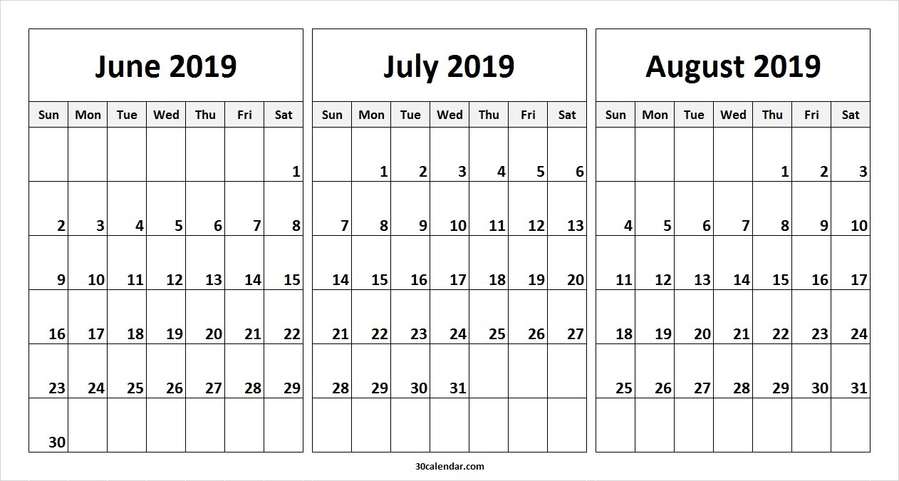 June July August 2019 Calendar | 3 Month Calendar Template-Blank Chalender For Junejuly And August