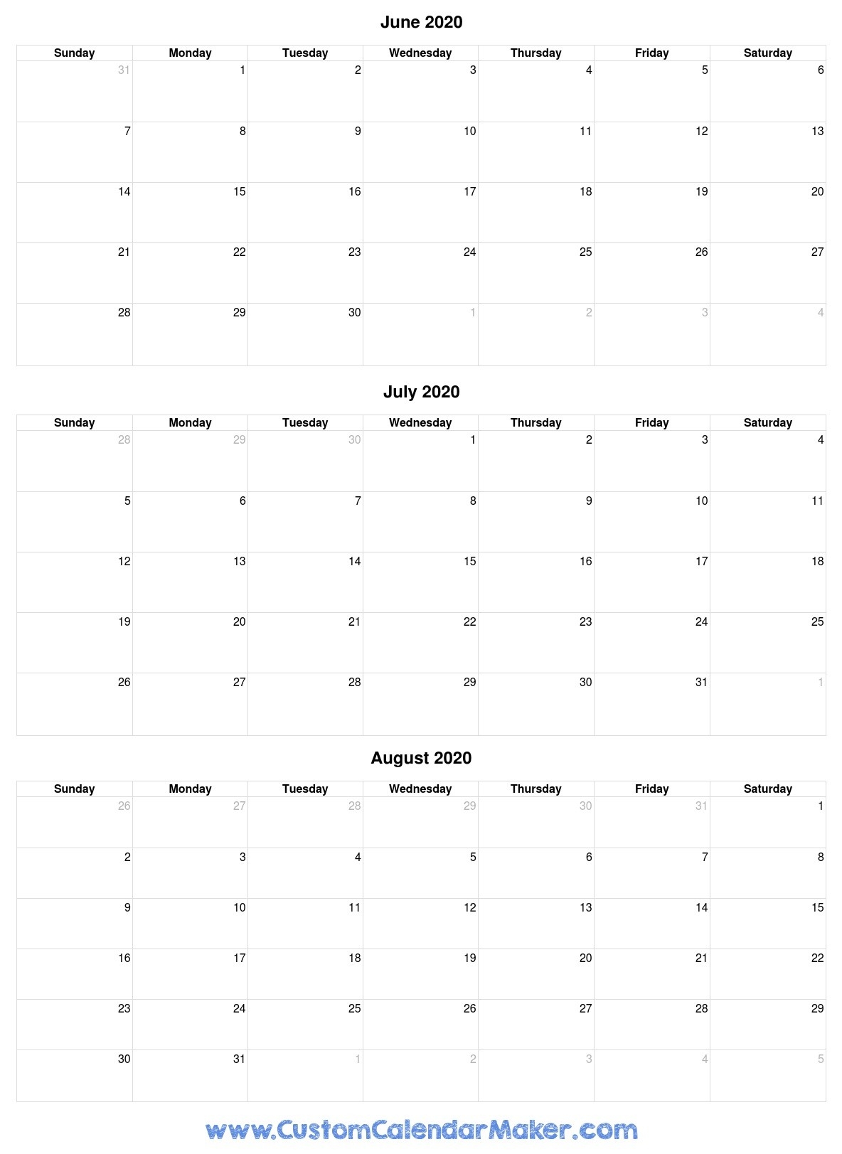 June To August 2020 Calendar-Blank Printable June July Augest Calendars