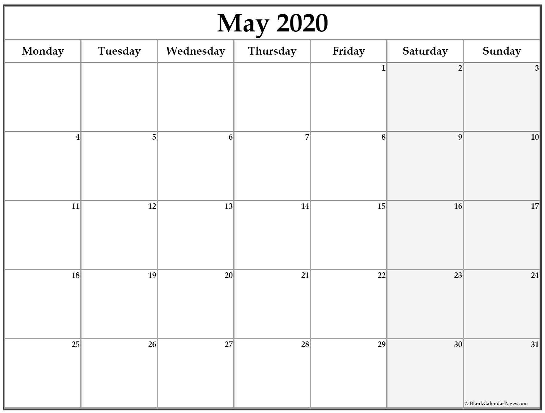 May 2020 Monday Calendar | Monday To Sunday-Monday Friday Blank Calendar