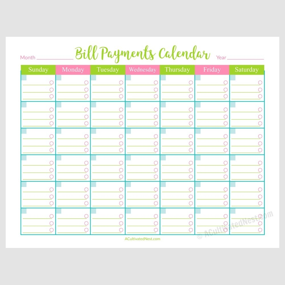 Printable Bill Payments Calendar- A Cultivated Nest-Bill Paying Calendar Template