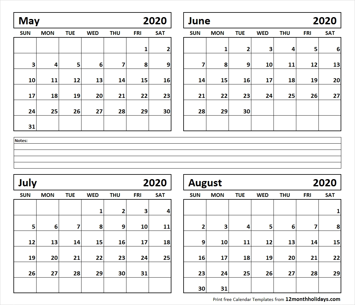 Printable Blank Four Month May June July August 2020-June-August 2020 Blank Clanedars