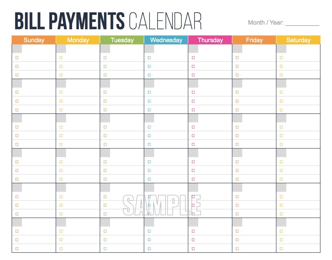 Printable Personal Bill Pay Calendar Template : Vientazona-Bill Paying Calendar Template