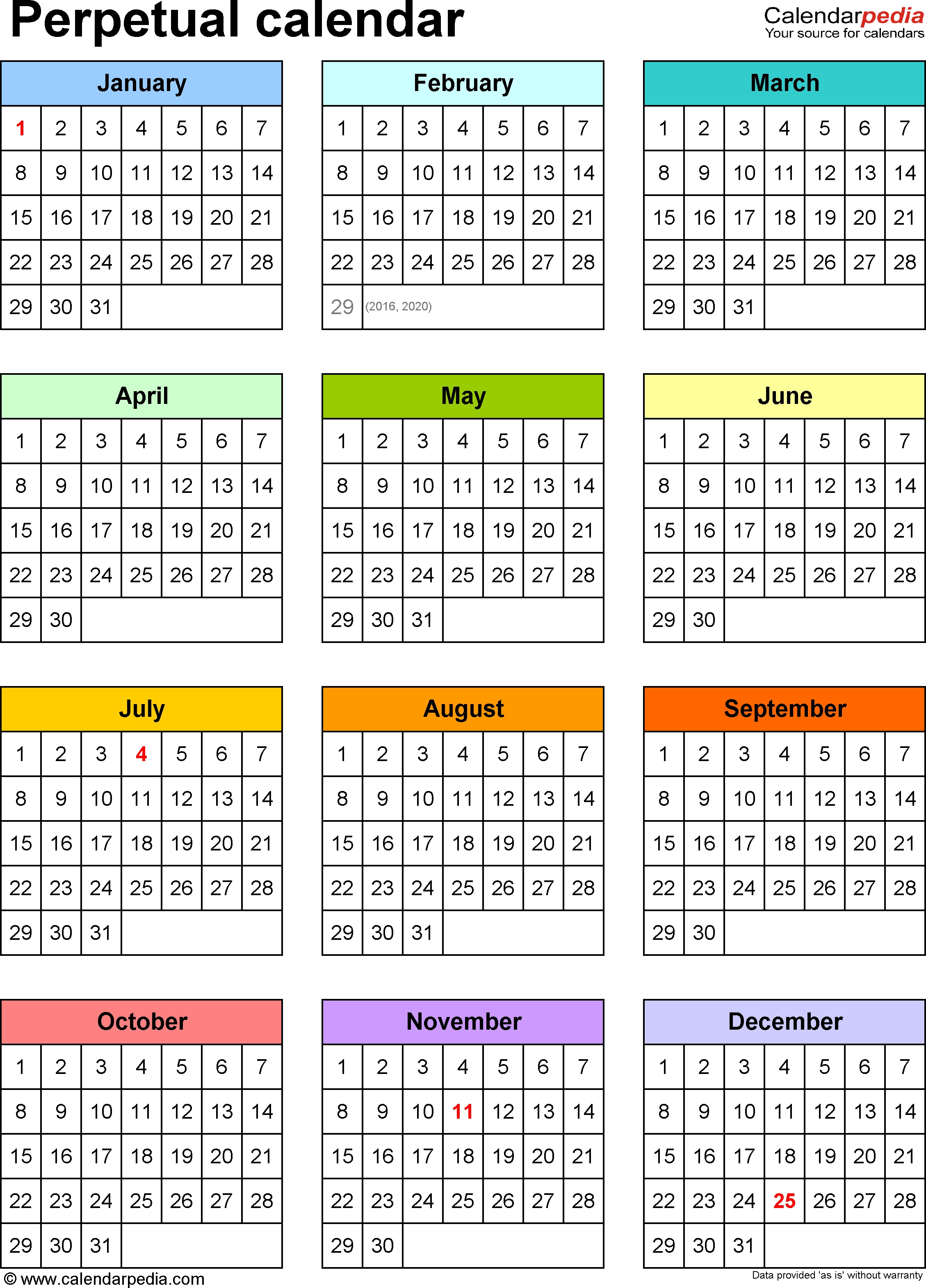 Template 9: Pdf Template For Perpetual Calendar (Portrait-Legal Size Calendar Template