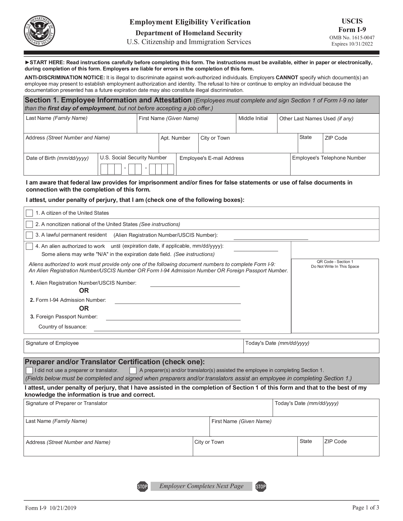 Uscis Form I-9 – Employment Eligibility Verification-Blank I-9 Form 2020 Printable Form Free