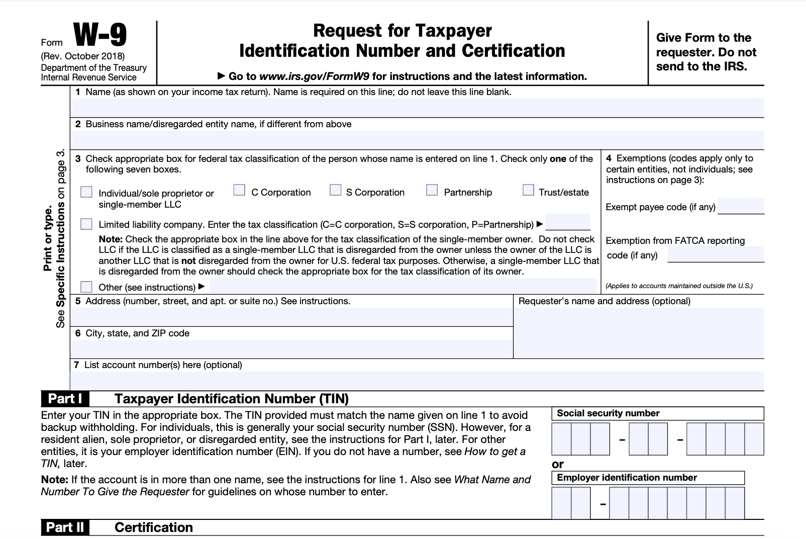 2020 W9 Blank Tax Form Calendar Template Printable 1251