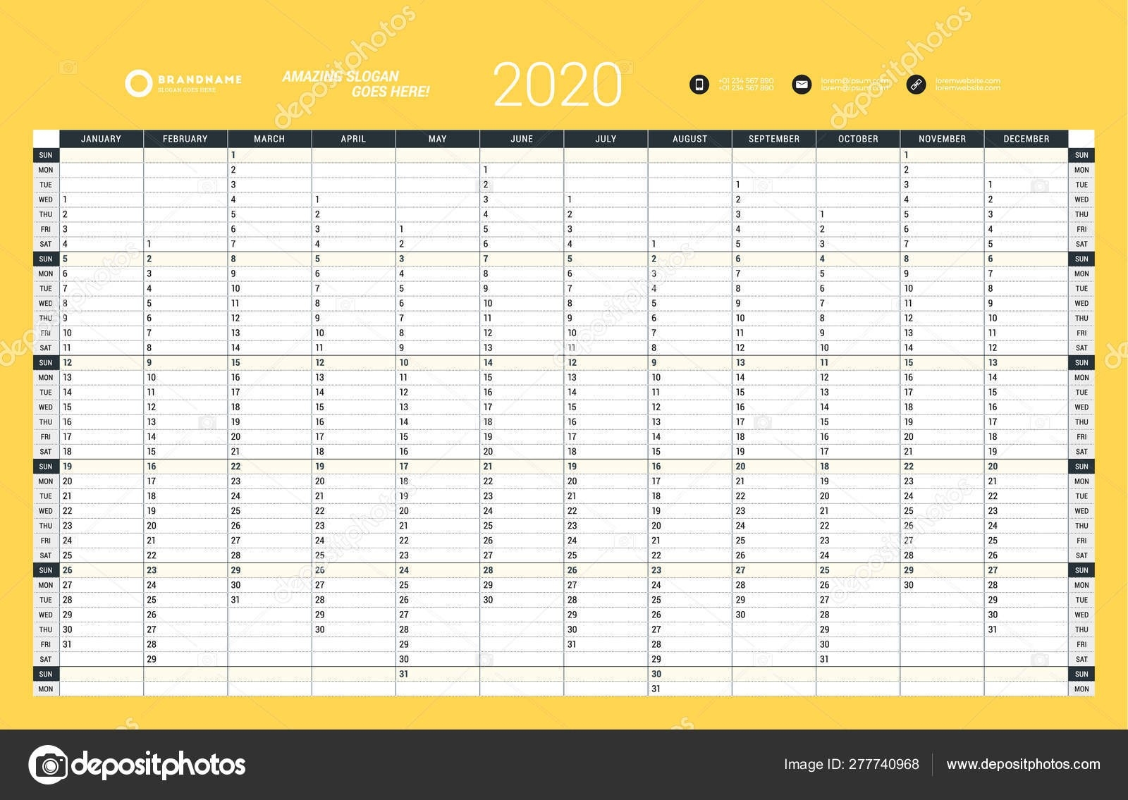 Wall Calendar Yearly Planner Template For 2020. Vector-2020 Wall Calendar Template