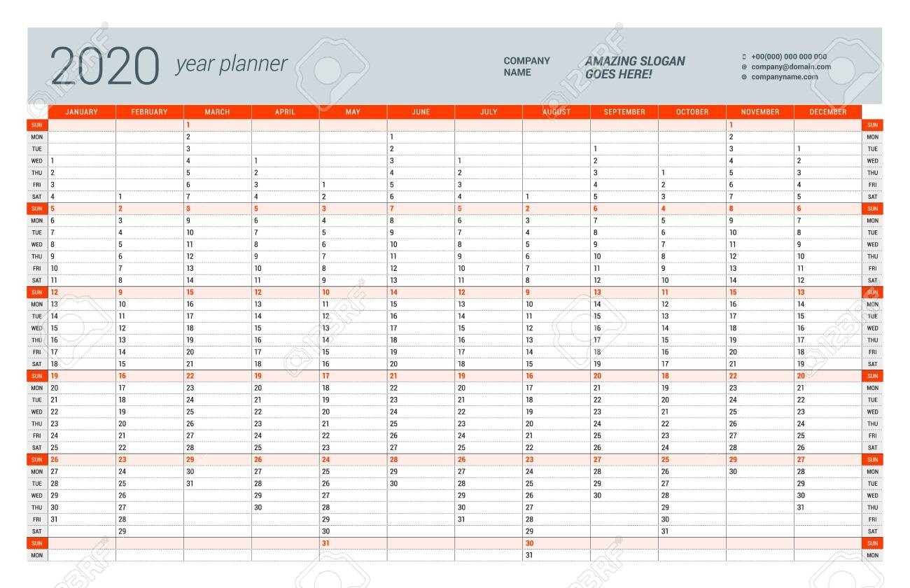 Wall Calendar Yearly Planner Template For 2020. Vector Design..-2020 Wall Calendar Template