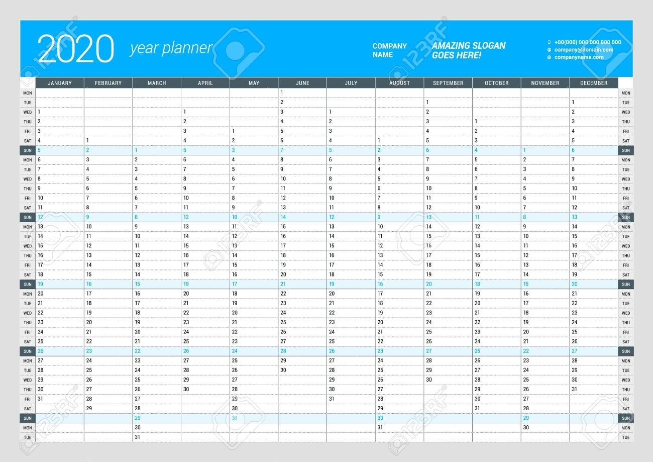 Wall Calendar Yearly Planner Template For 2020. Vector Design..-2020 Wall Calendar Template