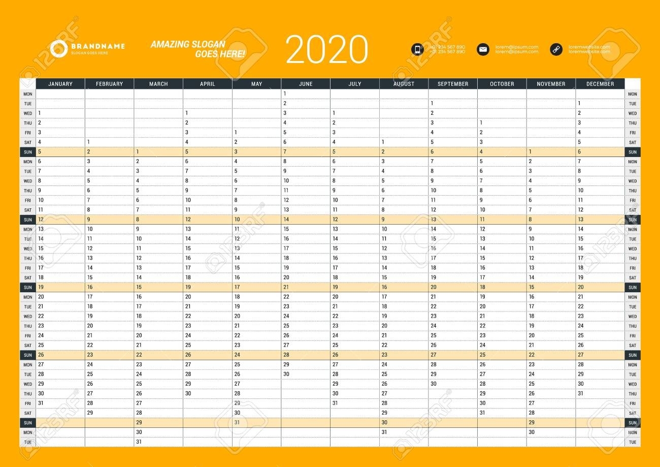 Wall Calendar Yearly Planner Template For 2020. Vector Design..-2020 Wall Calendar Template