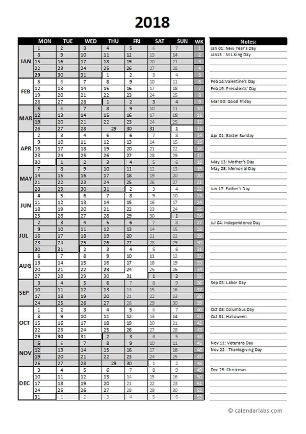 2018 Business Project Planning Calendar With Week Number - Free Printable Templates-Yearly Week Number Calendar Excel0.