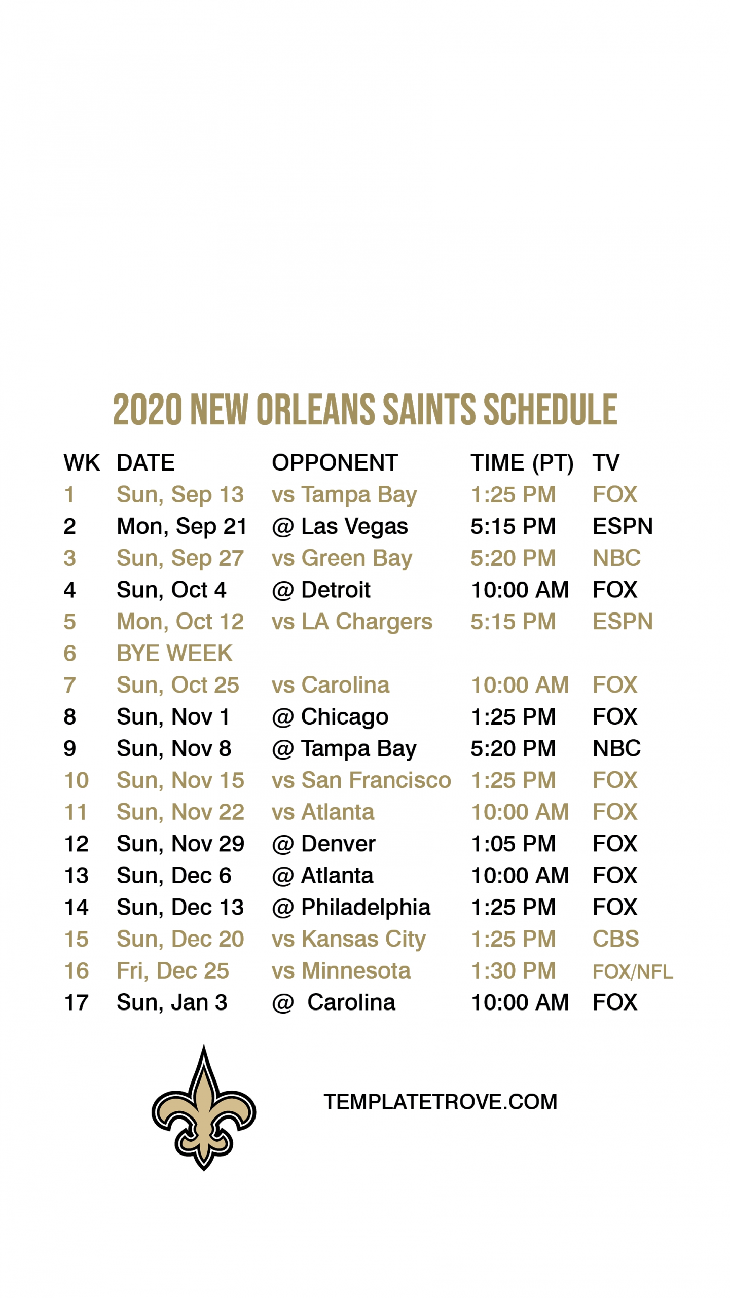 2020-2021 New Orleans Saints Lock Screen Schedule For Iphone 6-7-8 Plus-Printable Nfl Schedule For 2021 2021
