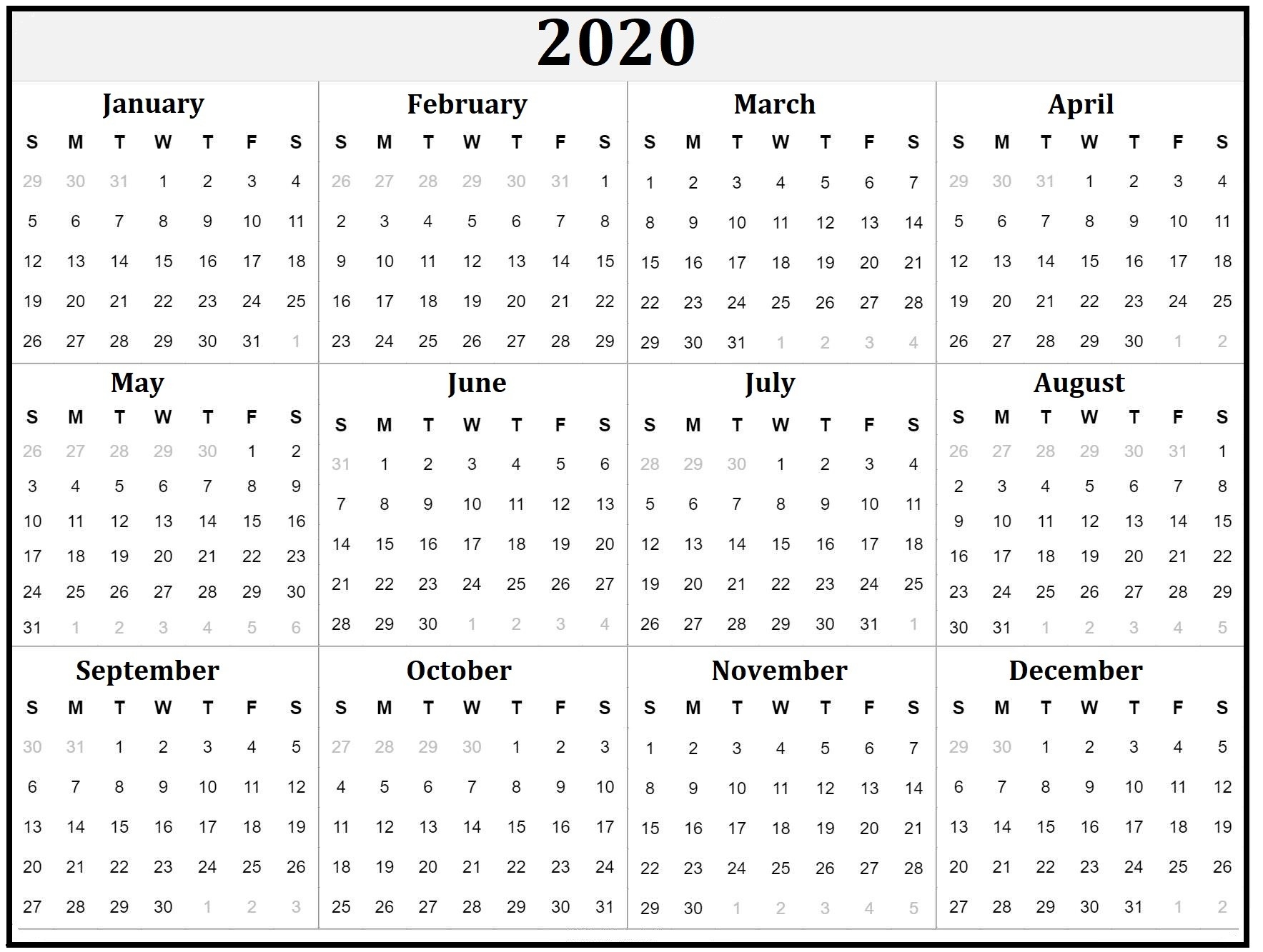 2020 Yearly Calendar Download Sunday Through Saturday | Calendar Template Printable Monthly Yearly-Sunday Through Saturday Calendar