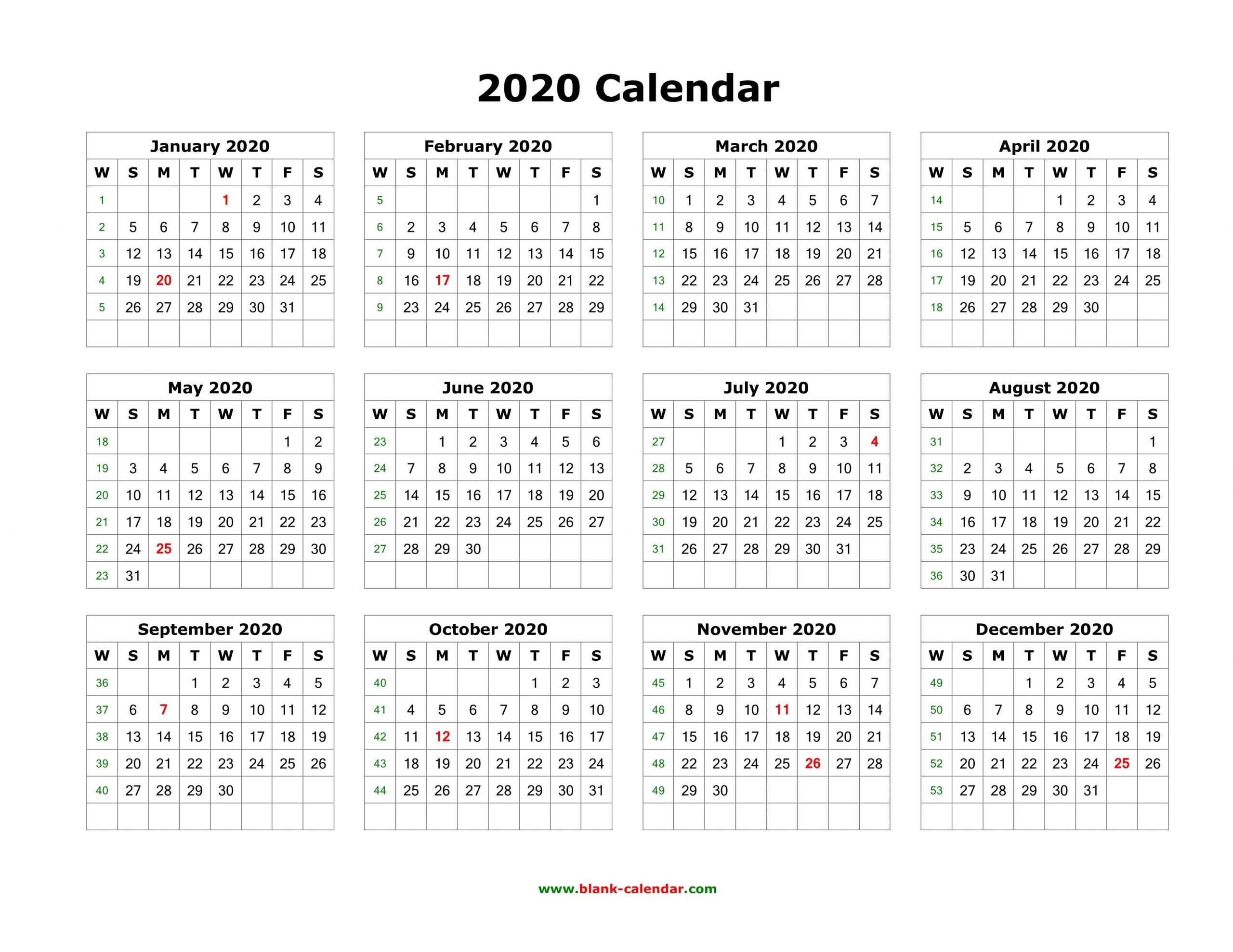 2020 Yearly Calendar Download Sunday Through Saturday | Calendar Template Printable Monthly Yearly-Sunday Through Saturday Calendar