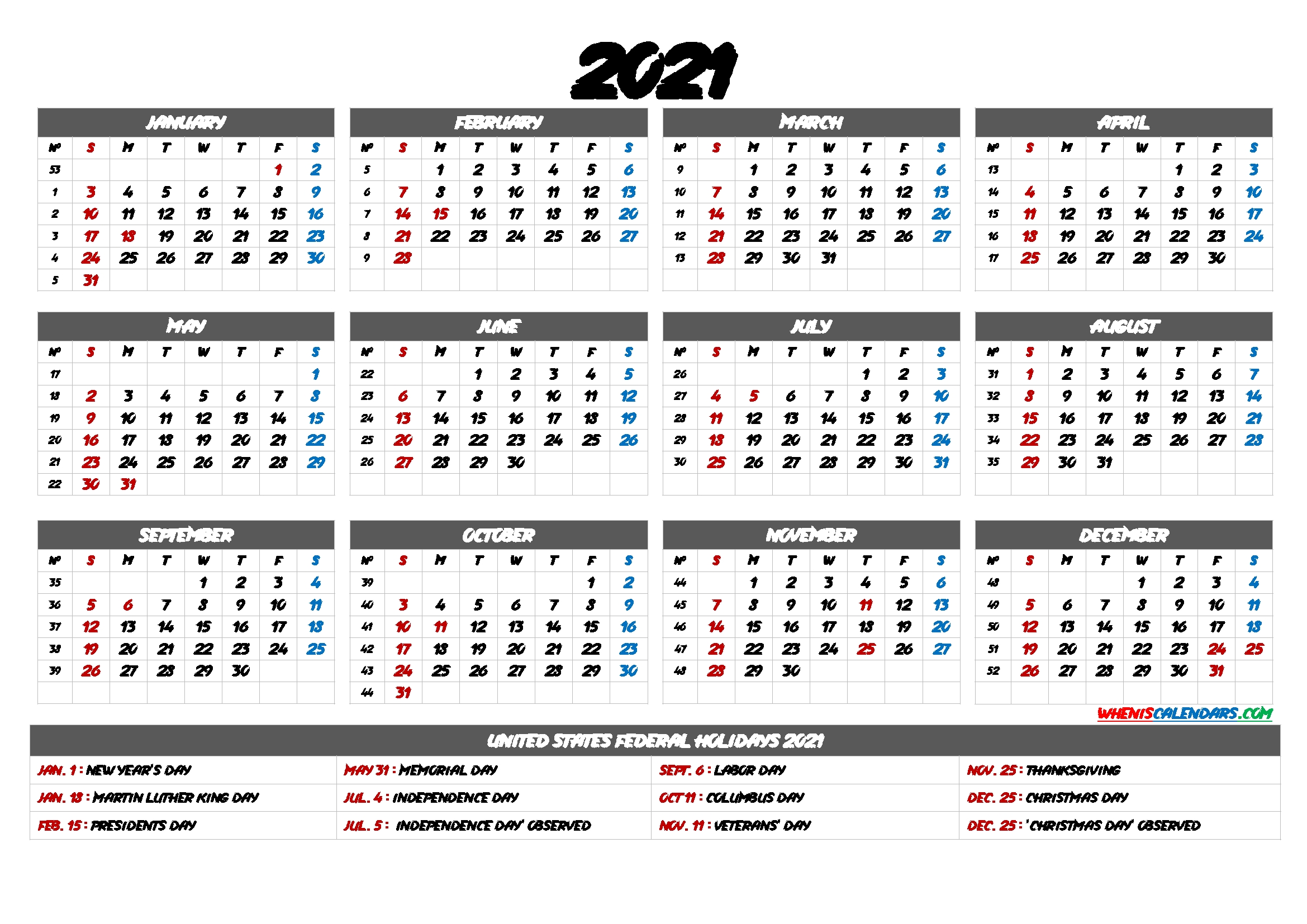 2021 Calendar With Week Numbers – 9 Templates – Free Printable 2020 Monthly Calendar With Holidays-2021 Calnder By Week No Excel