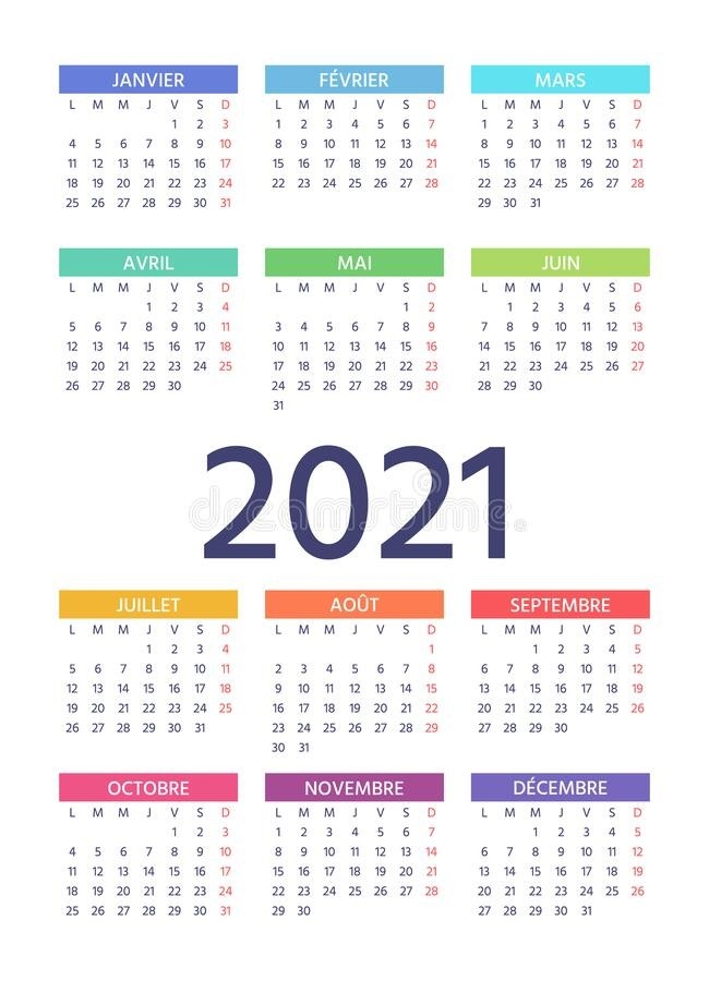 2021 French Calendar. Vector Illustration. Template Year Color Planner Stock Vector-2021 Pocket Planner Calendar Template