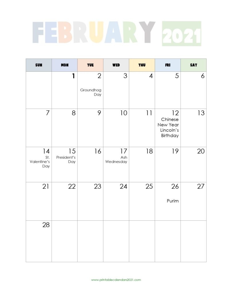 65+ Free February 2021 Calendar Printable With Holidays, Portrait, Landscape-Festive Printable Calendar 2021