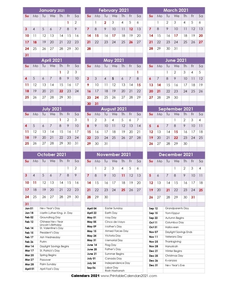 68+ Printable 2021 Yearly Calendar With Holidays, Portrait-2021 Pocket Calendar Printable