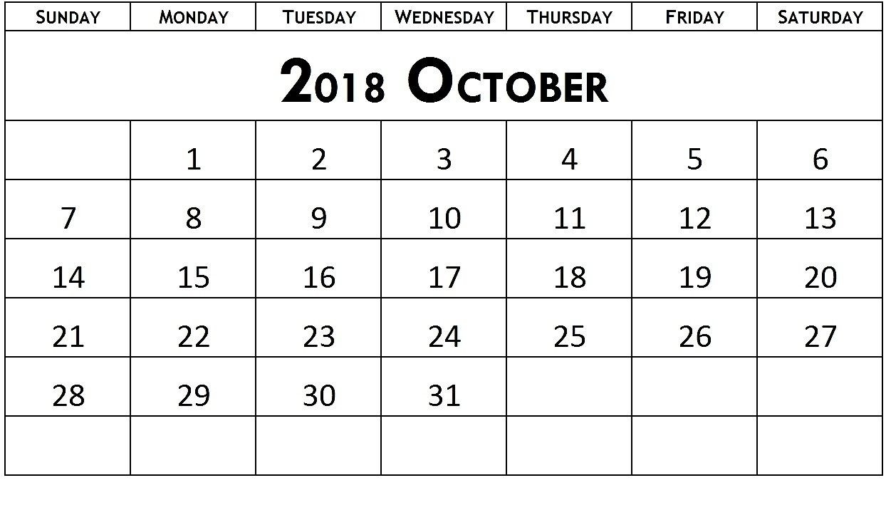 Blank October 2018 Number Calendar | Monthly Template, 2018 Calendar Pdf, Editable Calendar-Large Numbers Calendar October