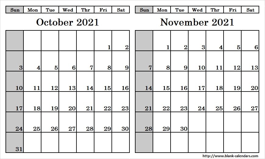 Blank Two Month October November 2021 Calendar Printable Template-Monthly Calendar Printable October 2021