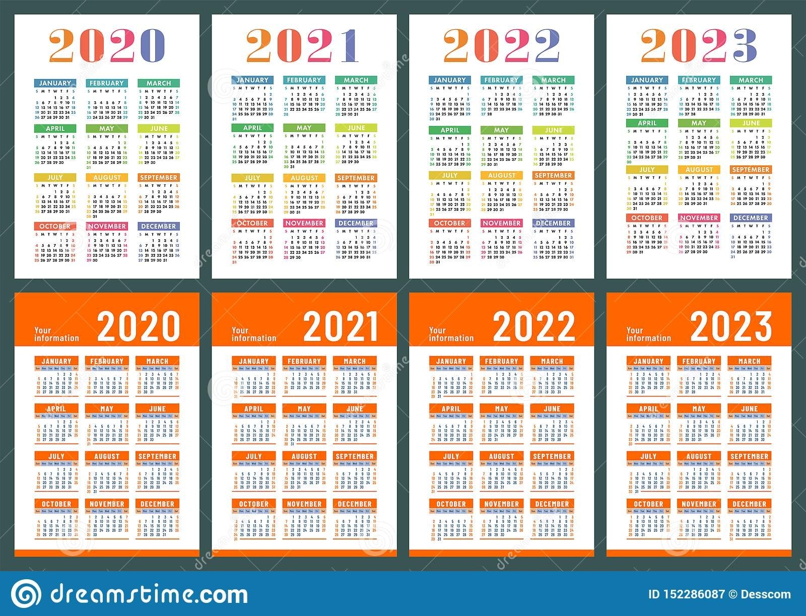 Calendar 2020, 2021, 2022 And 2023. English Color Vector Set. Vertical Wall Or Pocket Calender-2021 Pocket Planner Calendar Template