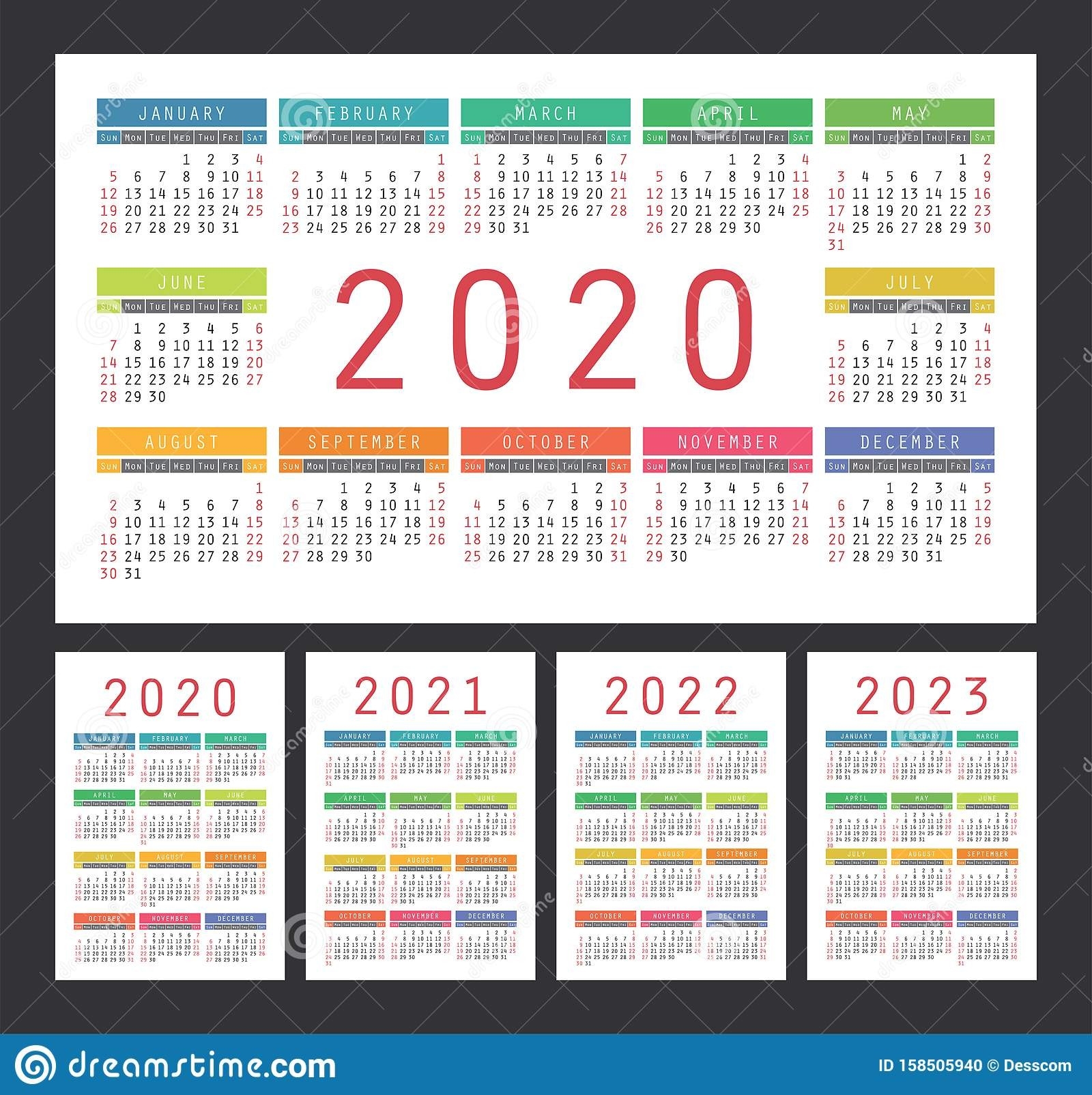 Calendar 2020, 2021, 2022 And 2023. English Color Vector Set. Wall Or Pocket Calender Template-2021 Pocket Planner Calendar Template