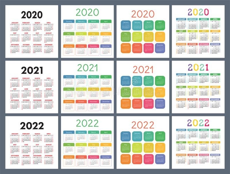 Calendar 2020, 2021, 2022 Years. Pocket Calender. Colorful Set. Week Starts On Sunday. Basic-2021 Pocket Calendar Printable