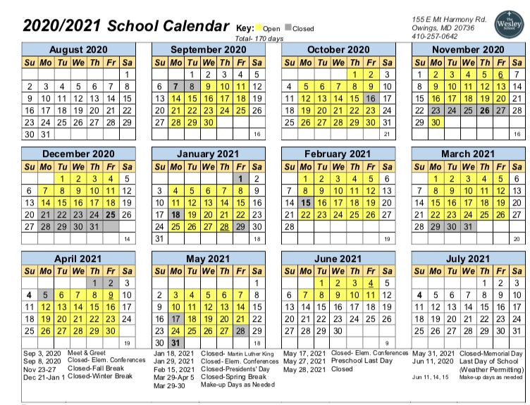 Calendar 2020-21 | The Wesley School-September Fill In Calendar 2021