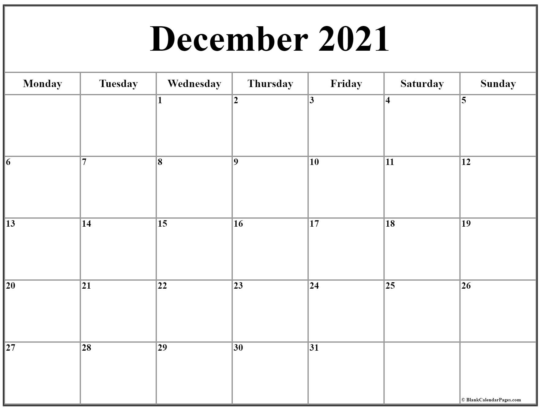 December 2021 Monday Calendar | Monday To Sunday-Sunday To Saturday Monthly Calendar 2021