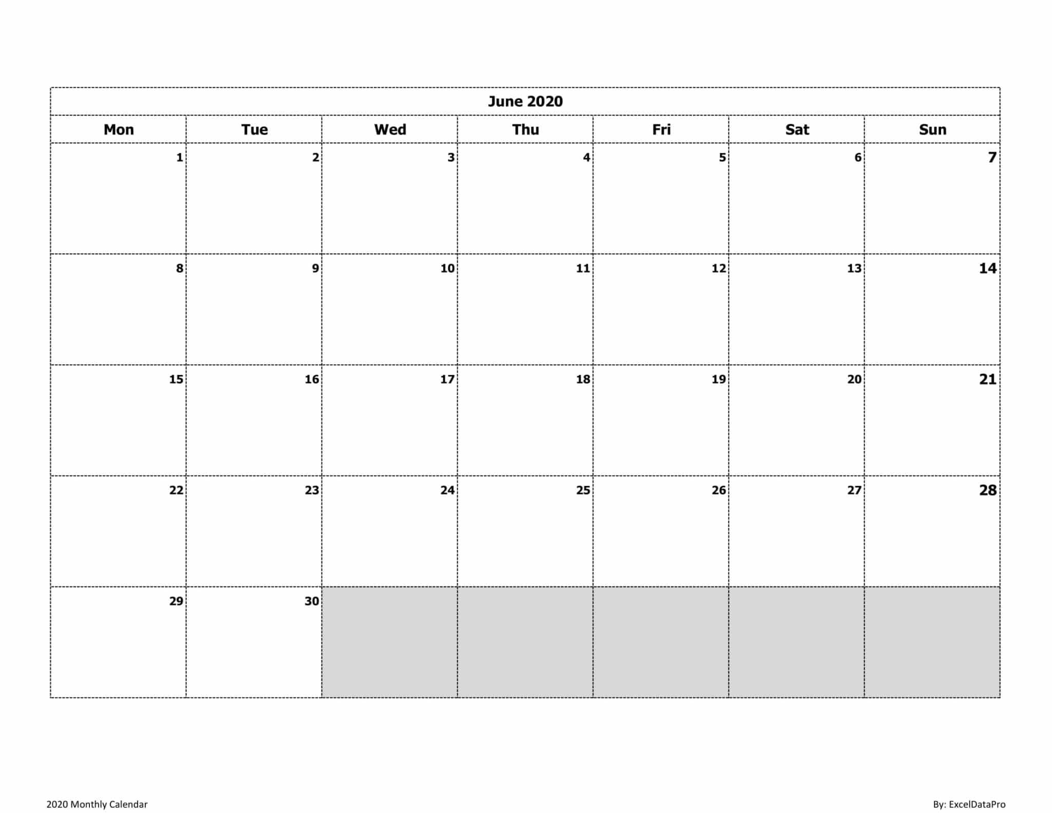 Download 2020 Monthly Calendar (Mon Start) Ink Saver Excel Template - Exceldatapro-Printable Fill In Calendar By Month