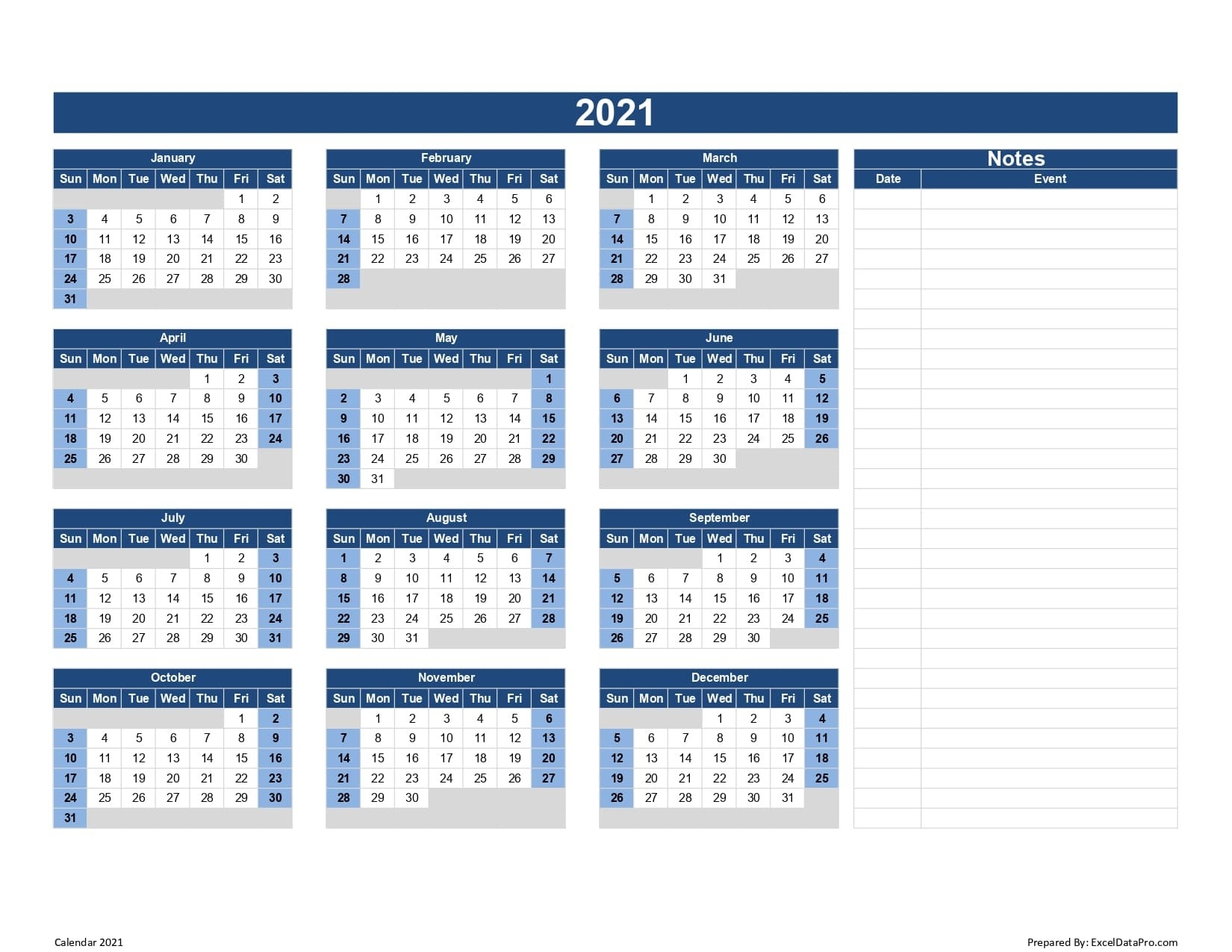 Download 2021 Yearly Calendar (Sun Start) Excel Template - Exceldatapro-2021 Calendar Fill In